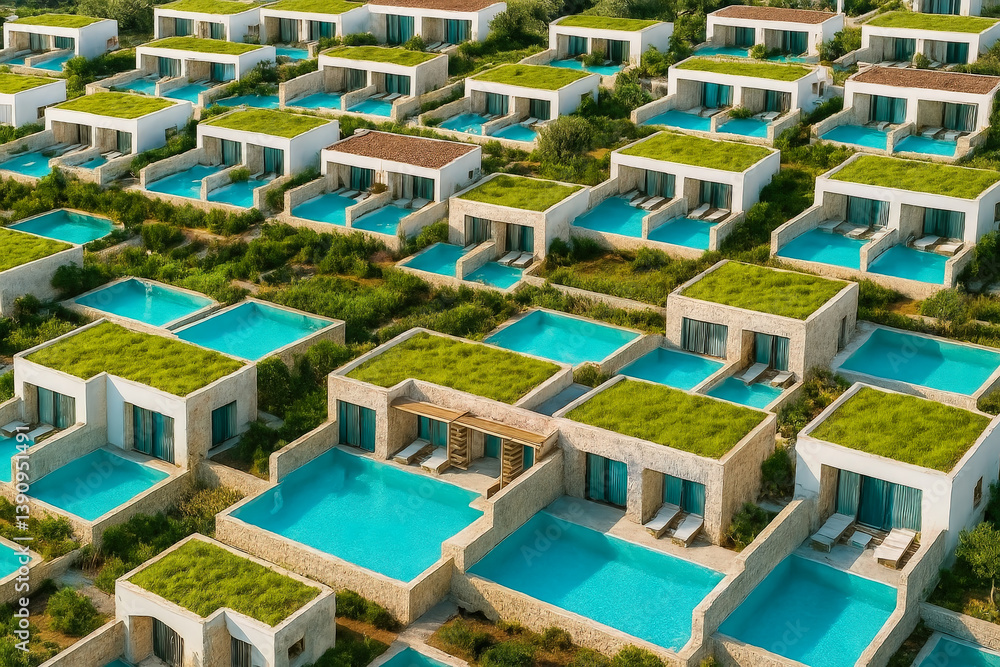 Poster Unique resort featuring multiple villas with private pools surrounded by greenery in a tranquil location
