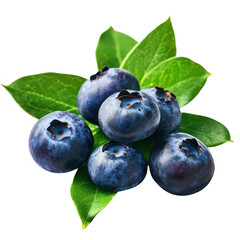 Arrangement of blueberries with green leaves on a dark surface on transparent background