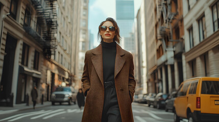 Fototapeta premium A stylish woman confidently strides down a city street, wearing a brown coat and sunglasses, set against the backdrop of urban architecture and bustling city life.