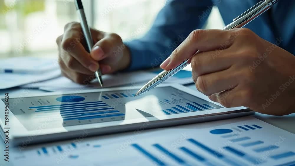 Poster Close-up of a person analyzing financial data on a tablet, surrounded by papers with charts and graphs. Pens are held, indicating active analysis and attention to detail in a bright office setting.