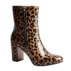 Trendy Leopard Print Ankle Boots with Block Heel Isolated on Transparent Background