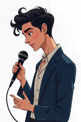 Naklejka premium A stylishly dressed male singer, portrayed in a cartoon style, holds a microphone with a focused and passionate expression.