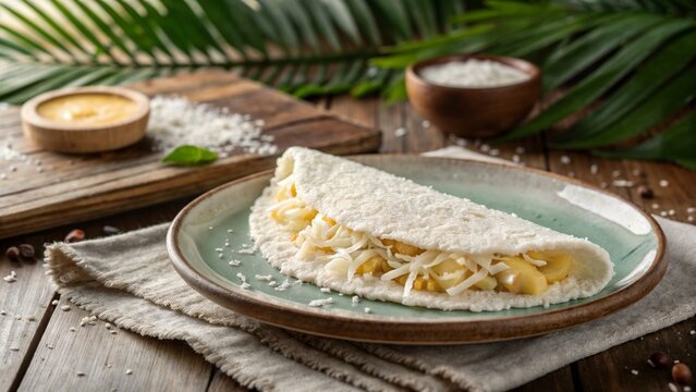 Brazilian tapioca with banana and coconut on rustic table