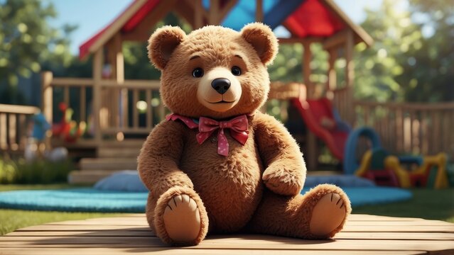 A plush teddy bear with a brown body, dark nose