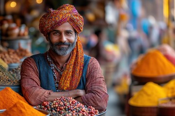 A man wearing a turban and a blue vest stands in front of a pile of spices