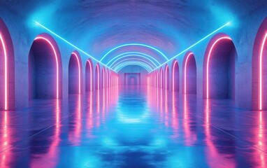 Futuristic Minimalist Neon Room with Blue Lighting and Reflections