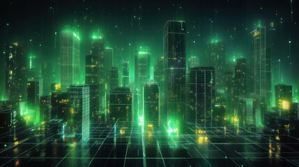 Naklejka premium Futuristic Cyberpunk Cityscape with Neon Green Glow and Digital Grid in a Nighttime Skyline