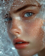 Glamorous Woman with Silver Tinsel Blowing a Kiss in a Festive Beauty and Makeup Concept