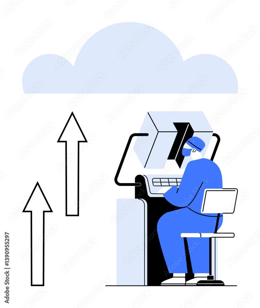 Poster professional working on a computer, transferring data to the cloud with upward arrows. ideal for clo