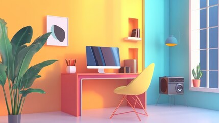 Colorful home office with computer and plants