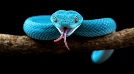 Fototapeta premium A stunning blue snake rests on a branch, its vibrant scales glistening under soft light in a studio backdrop.