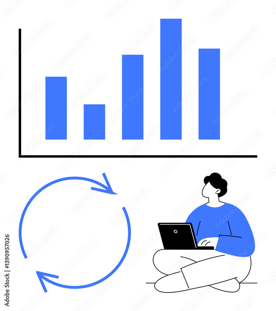 Aufkleber bar graph representing data, circular arrows suggesting process or cycle, person sitting with laptop