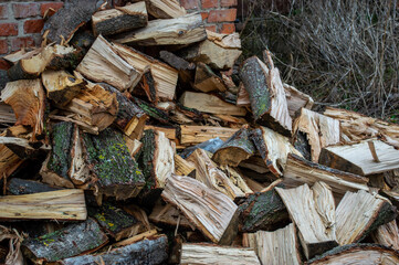 A sizable pile of neatly stacked firewood rests next to an aged brick wall in a serene wooded area in autumn