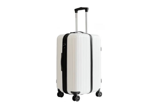 Isolated white suitcase with extended handle on a dark setting on transparent background