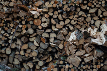 Firewood stacked neatly in an organized manner, displaying a variety of wood types ready for use during winter evenings