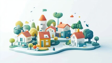 Colorful Miniature Town on Island, Cute Houses, Trees, Sky
