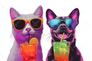Cat and Dog in Sunglasses Enjoying Cocktails Hugging Each Other on White Background