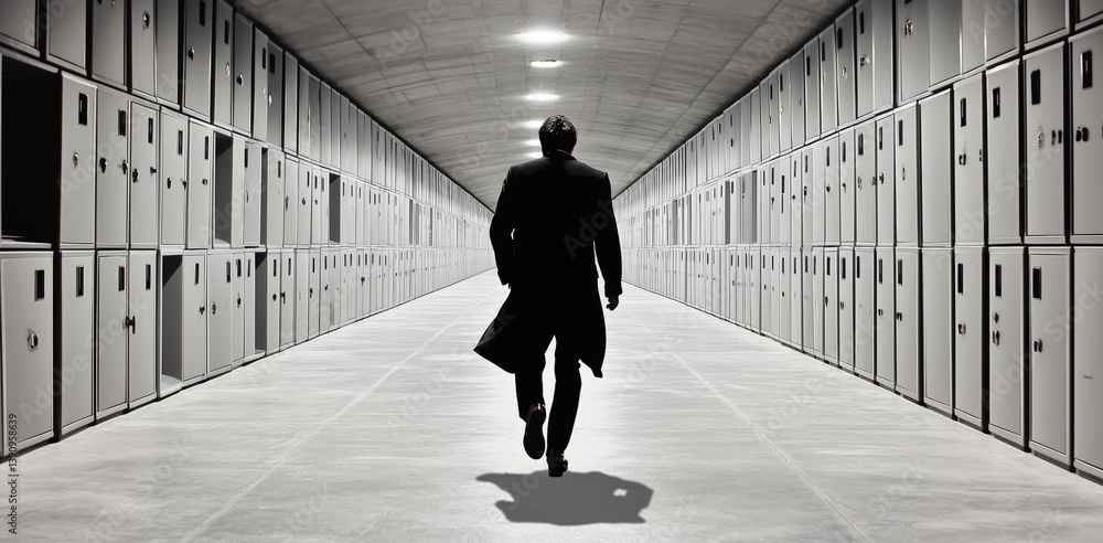 Poster A cybersecurity professional in a suit walks confidently through a corridor filled with secured data storage lockers. This setting emphasizes the importance of risk management and data safety.