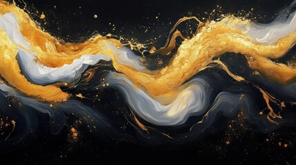 Dynamic Abstract Expressionism Painting with Swirling Gold and Black Colors in Fluid Motion