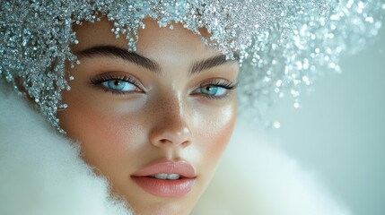 Glamorous Woman in Silver Headdress Celebrating New Year with Kiss and Sparkle