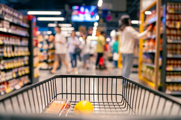 People shopping, buying organic safety food at supermarket. Customer pushing shopping cart choosing...