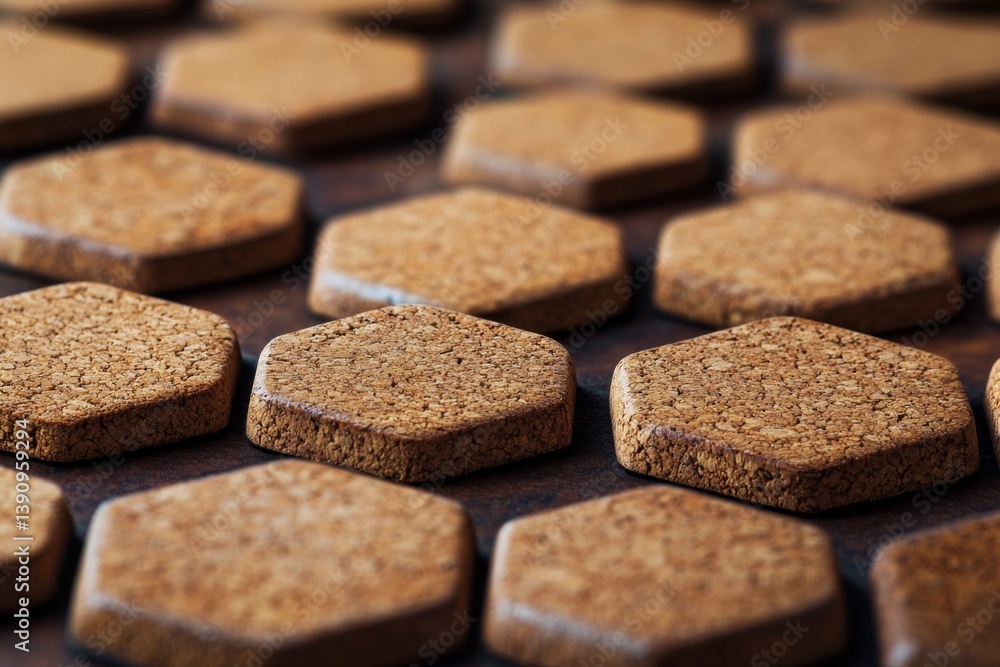 Poster close-up view of hexagon-shaped cork tiles arranged in a grid pattern. the tiles have a light brown 