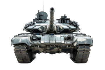 Frontal view of a military tank with a long barrel on a dark field on transparent background