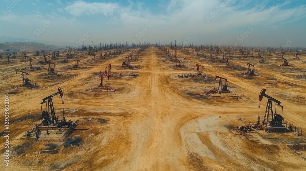 Leinwandbilder an extensive oil extraction site shows multiple drilling rigs and pipelines in a sprawling desert ar