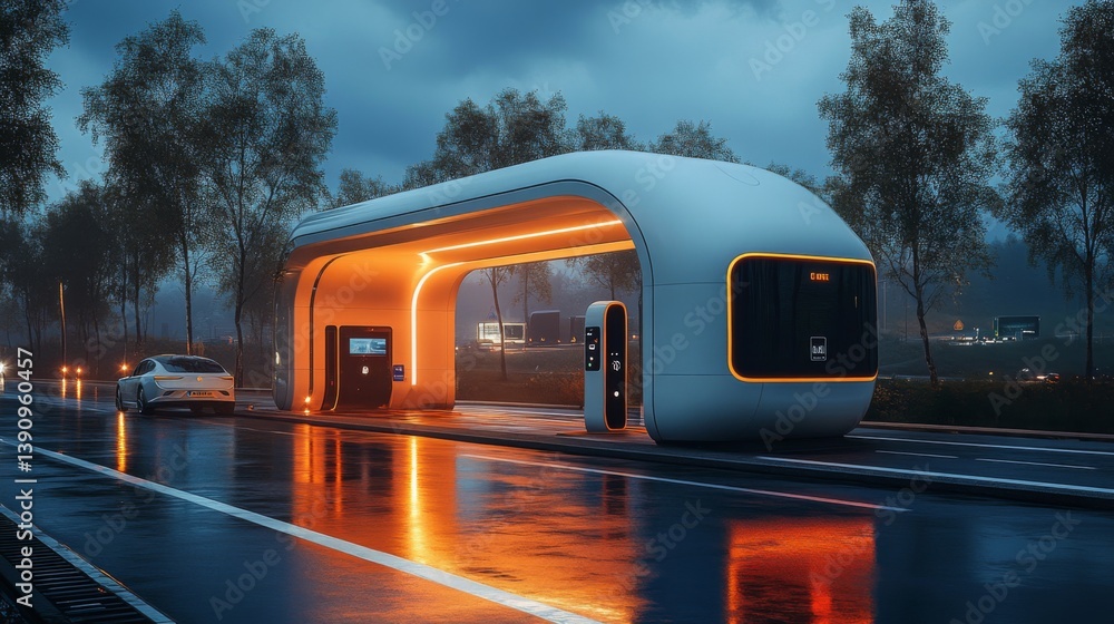 Poster electric vehicles recharge at a futuristic charging station during twilight, featuring innovative ar
