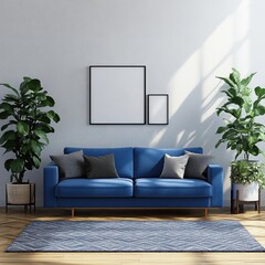 Modern Minimalist Living Room with Blue Sofa and Indoor Plants in Scandinavian Style