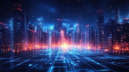 Futuristic Cityscape at Night with Neon Illuminated Skyscrapers and Advanced Technology Architecture
