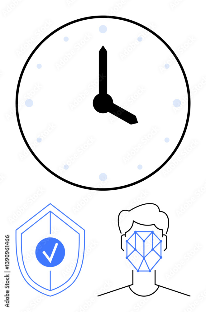Poster minimal clock face, shield with checkmark, and face recognition outline. ideal for security, privacy
