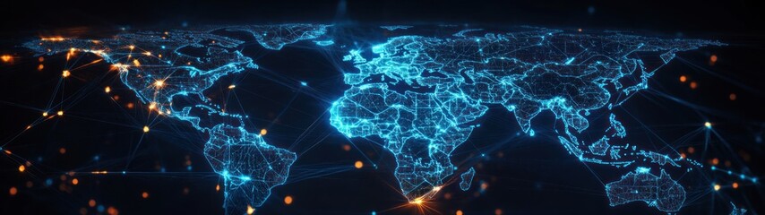 Futuristic Digital Map of Earth with Glowing Connections Across Continents and Cities in Cyberpunk Style