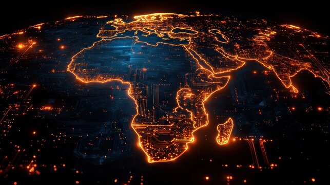 Digital neon globe of Earth showcasing Africa in cyberpunk style with glowing lines and intricate circuits