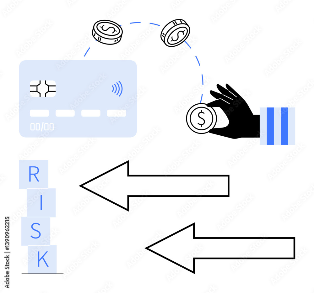Poster hand receiving coins from card with stack of risk blocks and arrows pointing in opposite directions.