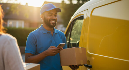 A happy delivery driver smiles, confirming a package delivery on a sunny afternoon, next to his bright yellow van.