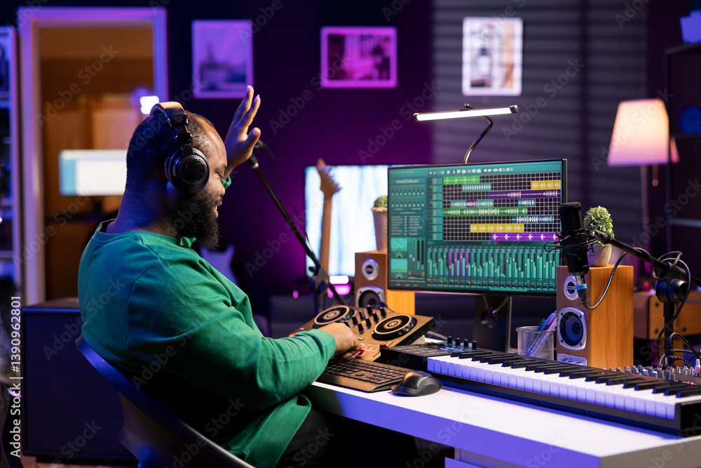 Poster African american music producer counting down before starting a recording session, operating on mixing console and professional editing software. Sound engineer producing songs in home studio.