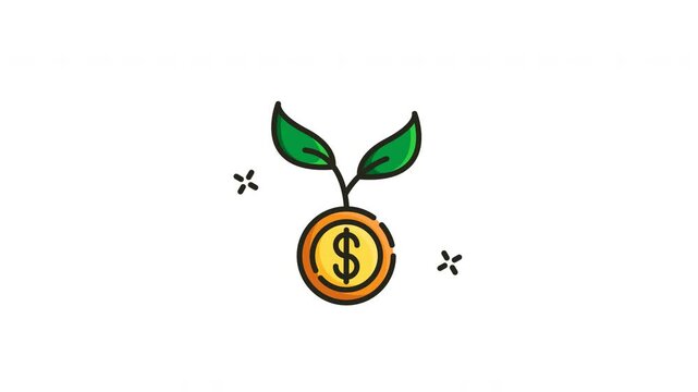 Animation of a dollar coin with two green leaves growing out of it.
