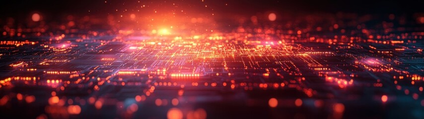 Fototapeta premium Futuristic Digital Map of Connected Continents and Cities with Red Neon Lights in Cyberpunk Style