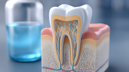 dental care mouthwash professionaldental care mouthwash healthy lifestyle detailed model of tooth with focus dental care and professional dental health, alongside bottle of mouthwash