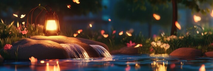 Obraz premium Enchanting Night Scene by a Waterfall