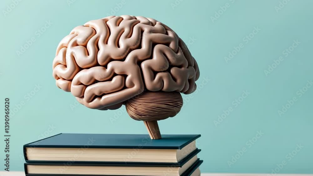 Poster brain model on stack of books with light background