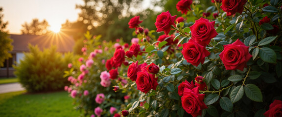 Fototapeta premium Vibrant roses blooming in garden at sunset, romantic ambiance