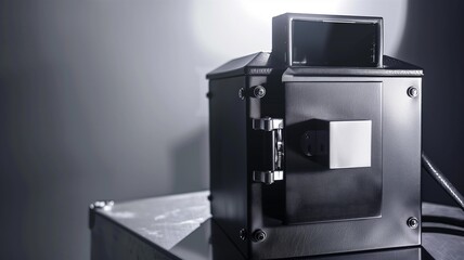 Fototapeta premium Photorealistic image of a compact biometric-secured travel safe in a studio setting