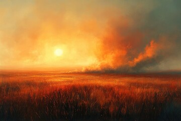 Fototapeta premium Wildfire in a Burning Meadow Environmental Crisis Climate Change Global Warming Ecological Disaster
