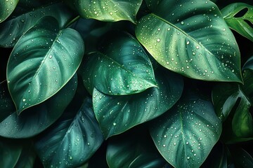 Tropical Green Leaves with Water Droplets Lush Foliage Nature Background