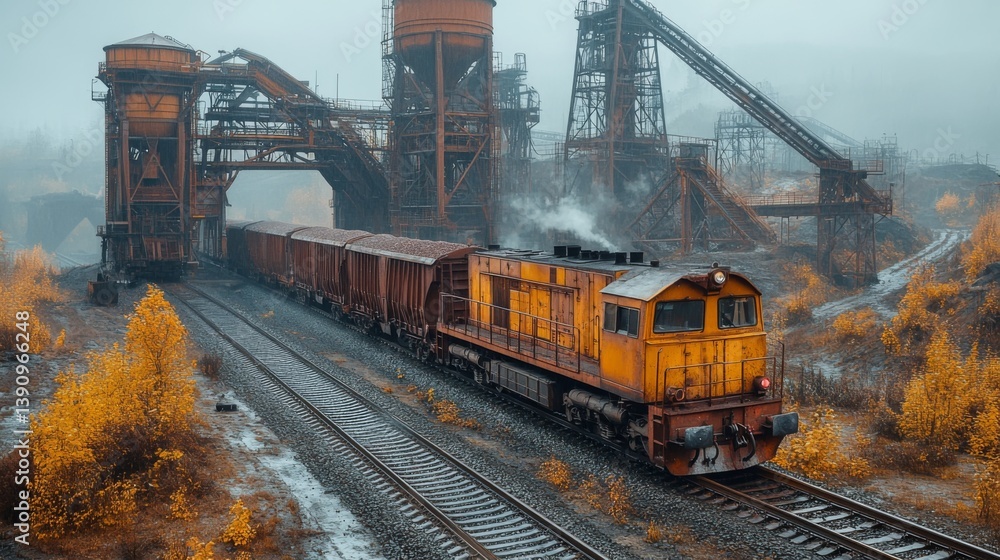 Aufkleber A locomotive transports loaded train cars from a mineral extraction site. Surrounding structures feature tall machinery for drilling and processing, with autumn foliage in view.