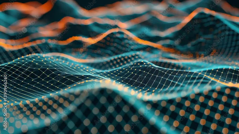 Poster vibrant digital waves an abstract visualization of glowing data in dynamic network grid, showcasing 