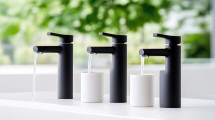 Modern, sleek black and white faucet collection, with water flowing