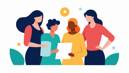 Collaboration A diverse group of women drafting a financial plan on a large sheet of paper sharing ideas and strategies in a collaborative manner illustrating teamwork in financial